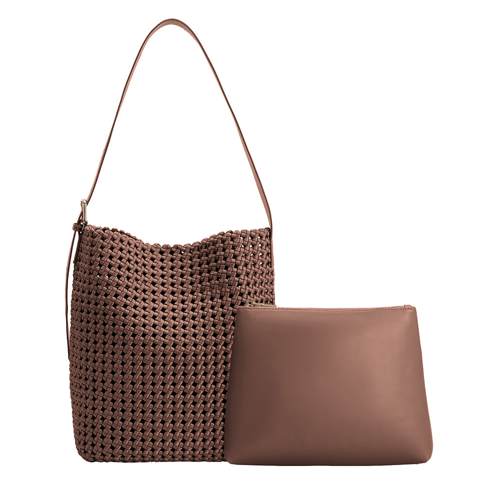 A large chocolate woven nylon tote bag with a zip pouch inside.