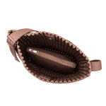 A large chocolate woven nylon tote bag with a zip pouch inside.