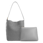 A large gray woven nylon tote bag with a zip pouch inside.