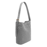 A large gray woven nylon tote bag with a zip pouch inside.