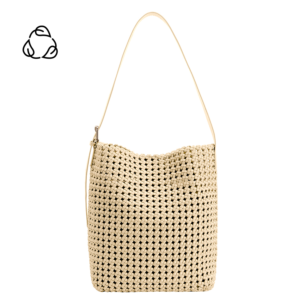 A large yellow woven nylon tote bag with a zip pouch inside.