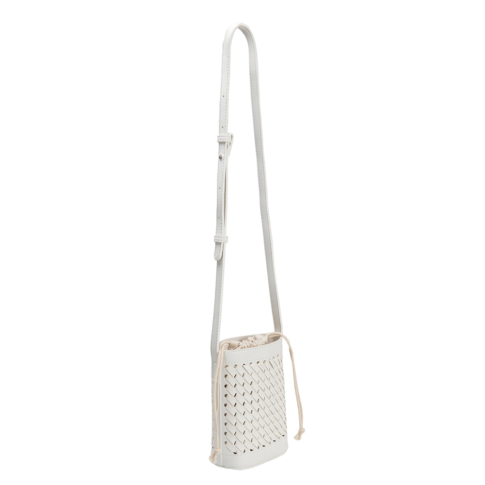 a small white woven vegan leather crossbody pouch with a drawstring closure.