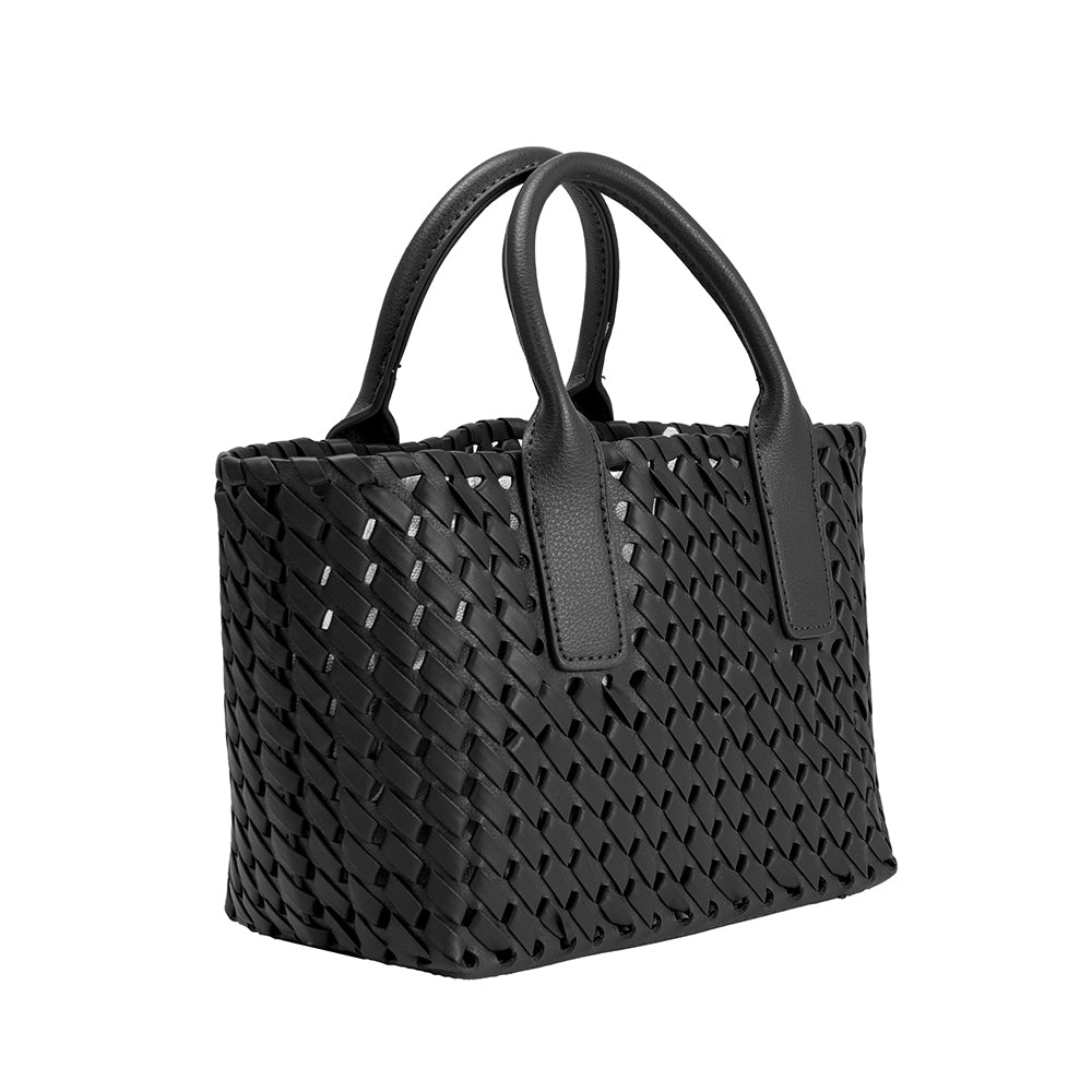 A small black woven vegan leather top handle bag with a drawstring closure.