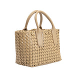 A small tan woven vegan leather top handle bag with a drawstring closure.