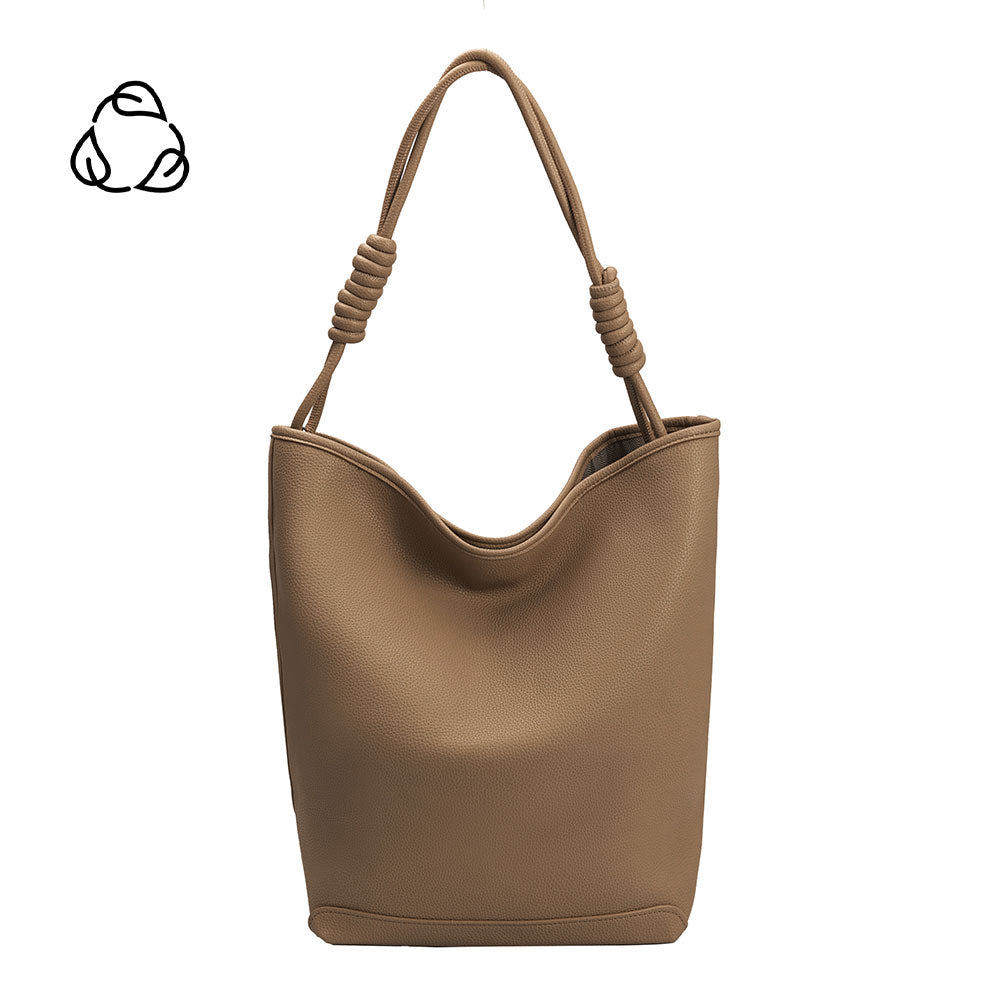 A large taupe vegan leather tote bag with a double knotted handle.