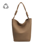 A large taupe vegan leather tote bag with a double knotted handle.
