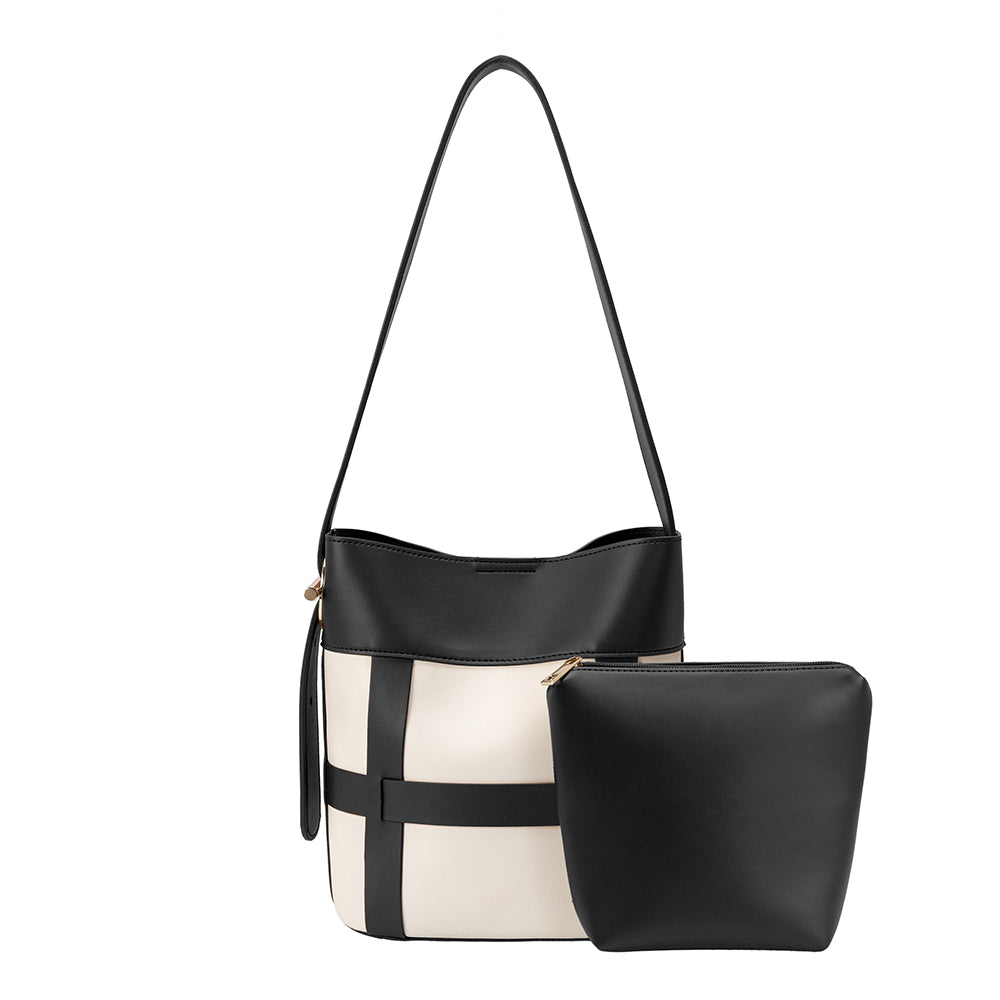 A small black vegan leather shoulder bag with a zip pouch inside.