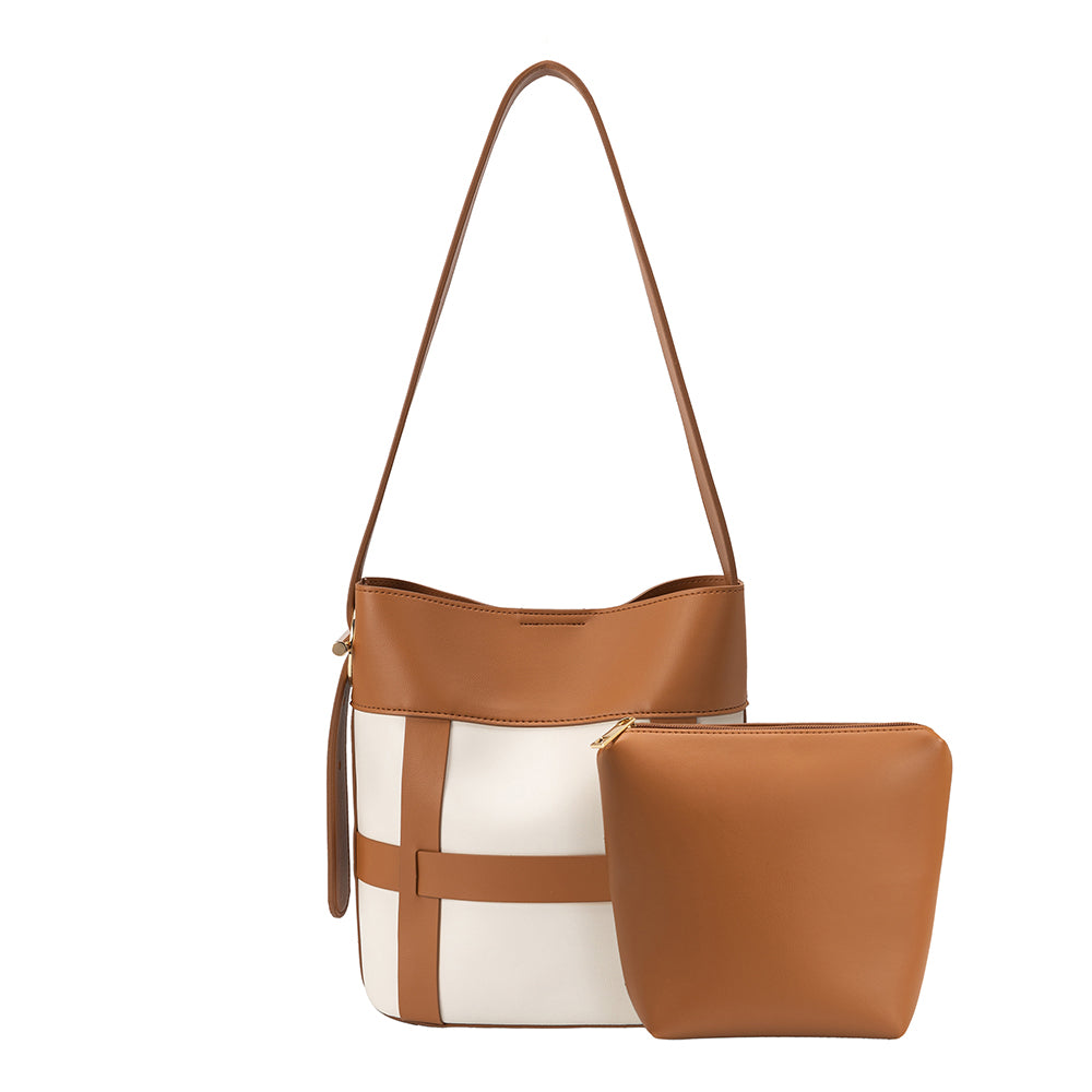 A small saddle vegan leather shoulder bag with a zip pouch inside. 