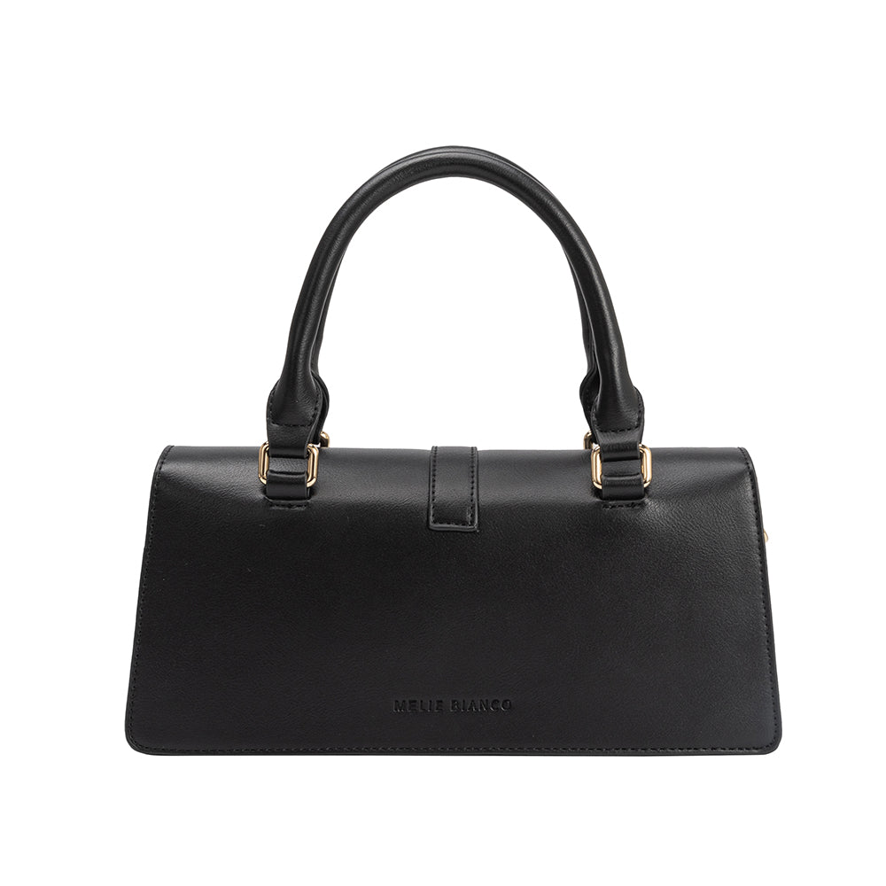 A small black vegan leather rectangle shaped top handle bag.