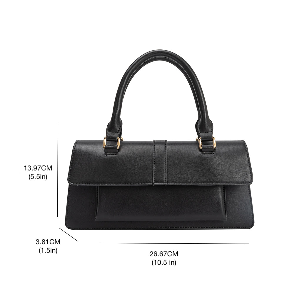A measurement reference image of a small vegan leather top handle bag.