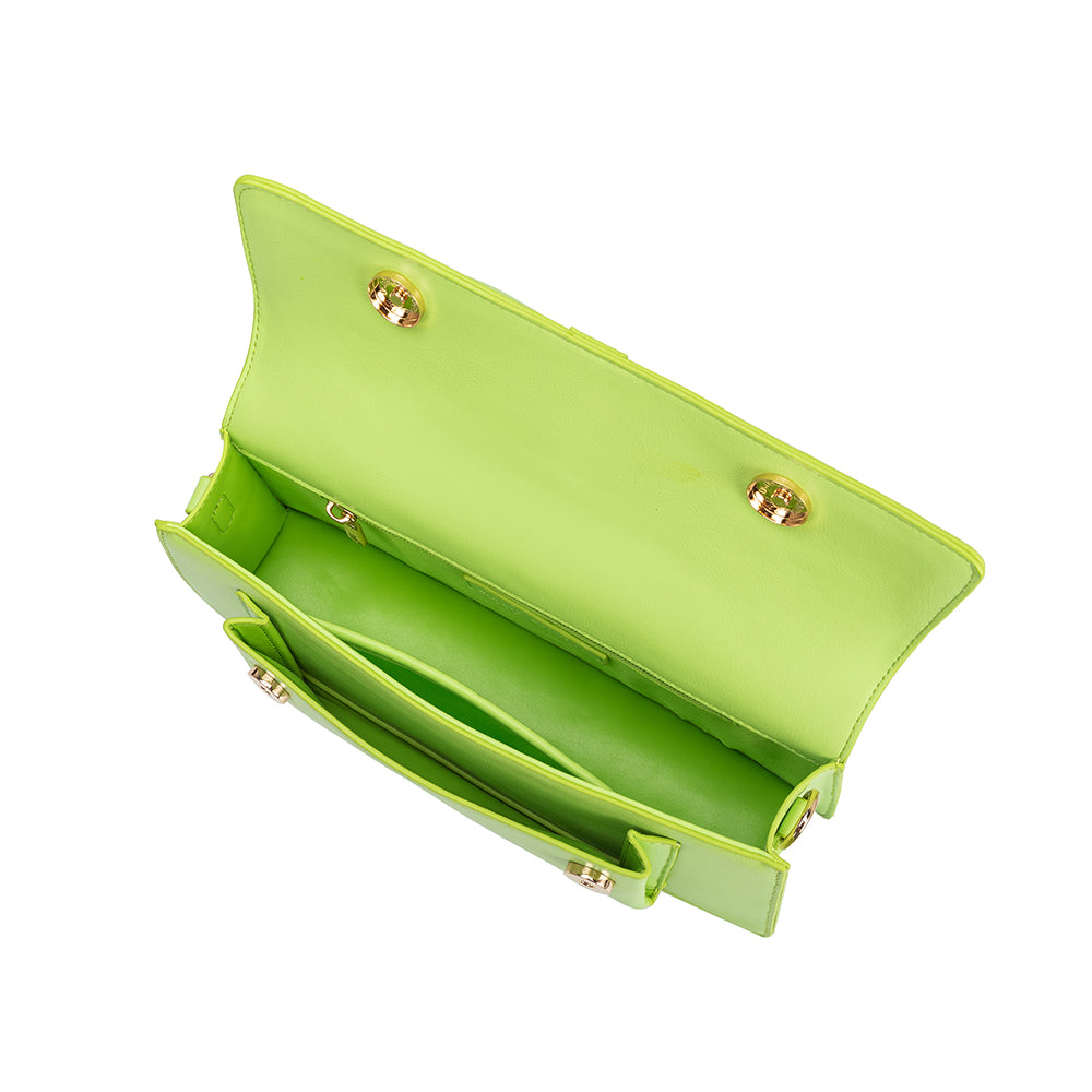 A small lime vegan leather rectangle shaped top handle bag.