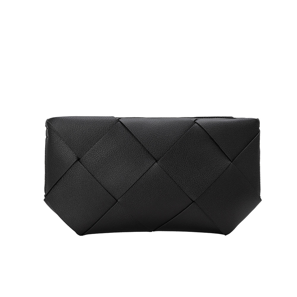 A small black woven vegan leather clutch with a crossbody strap