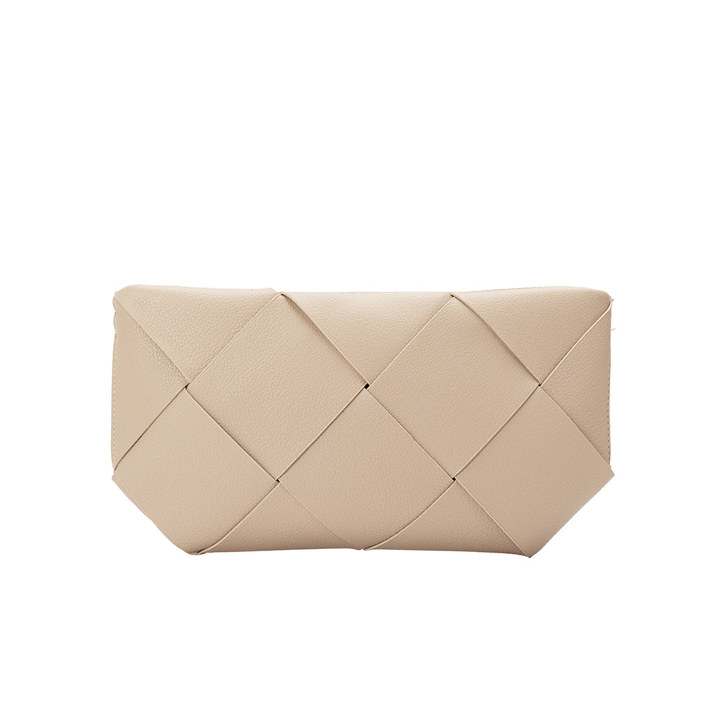  A small bone woven vegan leather clutch with a crossbody strap.