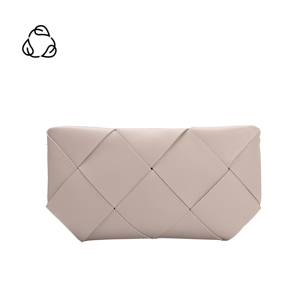 A small ivory woven vegan leather clutch with a crossbody bag .