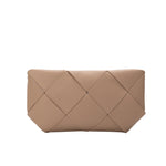 A small taupe woven vegan leather clutch with a crossbody strap