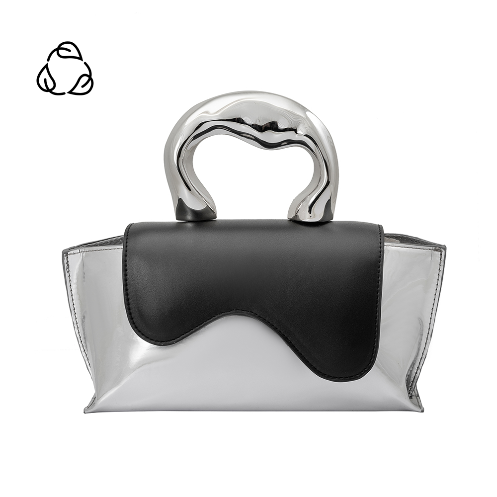 A small metallic top handle bag with a black wavy front flap closure.