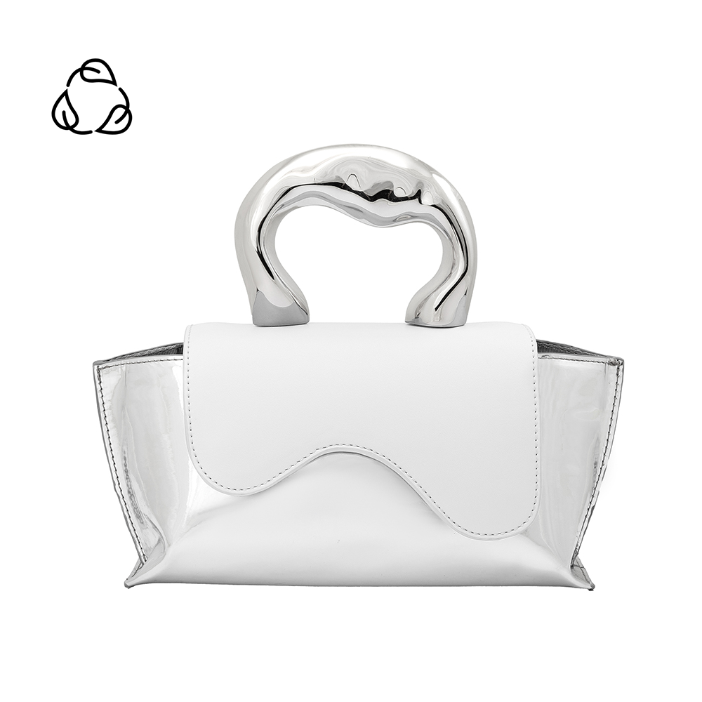 A small metallic and white vegan leather top handle bag with a wavy front flap closure.