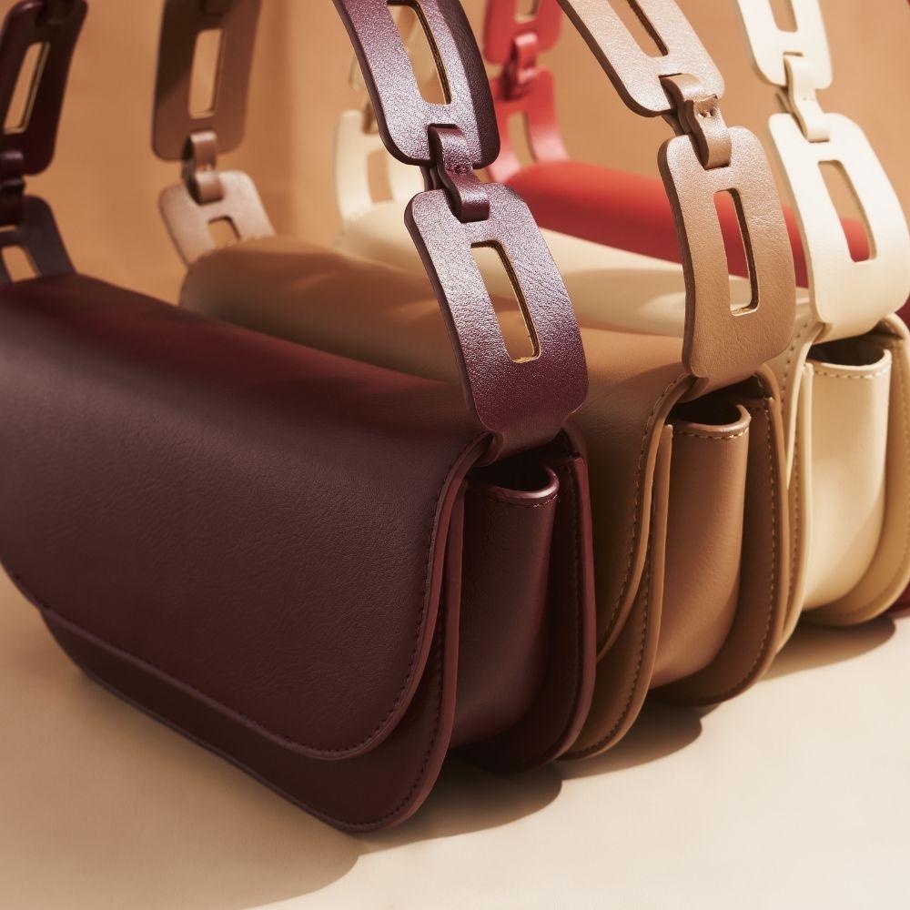 Melie Bianco Luxury Vegan Leather Inez Small Shoulder Bag in Burgundy, Taupe, Bone, and Rose