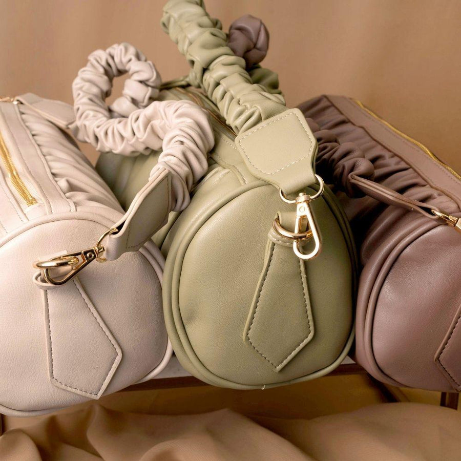 Melie Bianco Luxury Vegan Leather Jovie Shoulder Bag in Bone, Moss, and Taupe with ruched handle