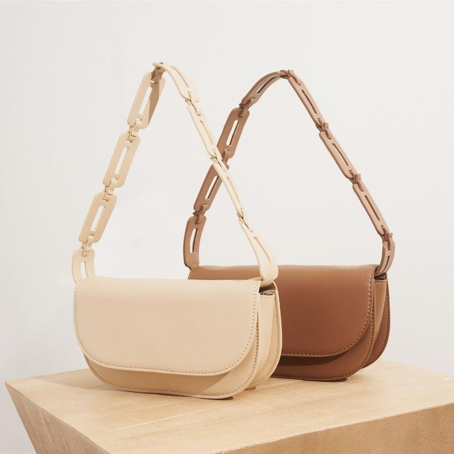 Melie Bianco Luxury Vegan Leather Inez Small Shoulder Bag in Bone and Taupe