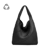 A black large woven vegan leather shoulder bag.