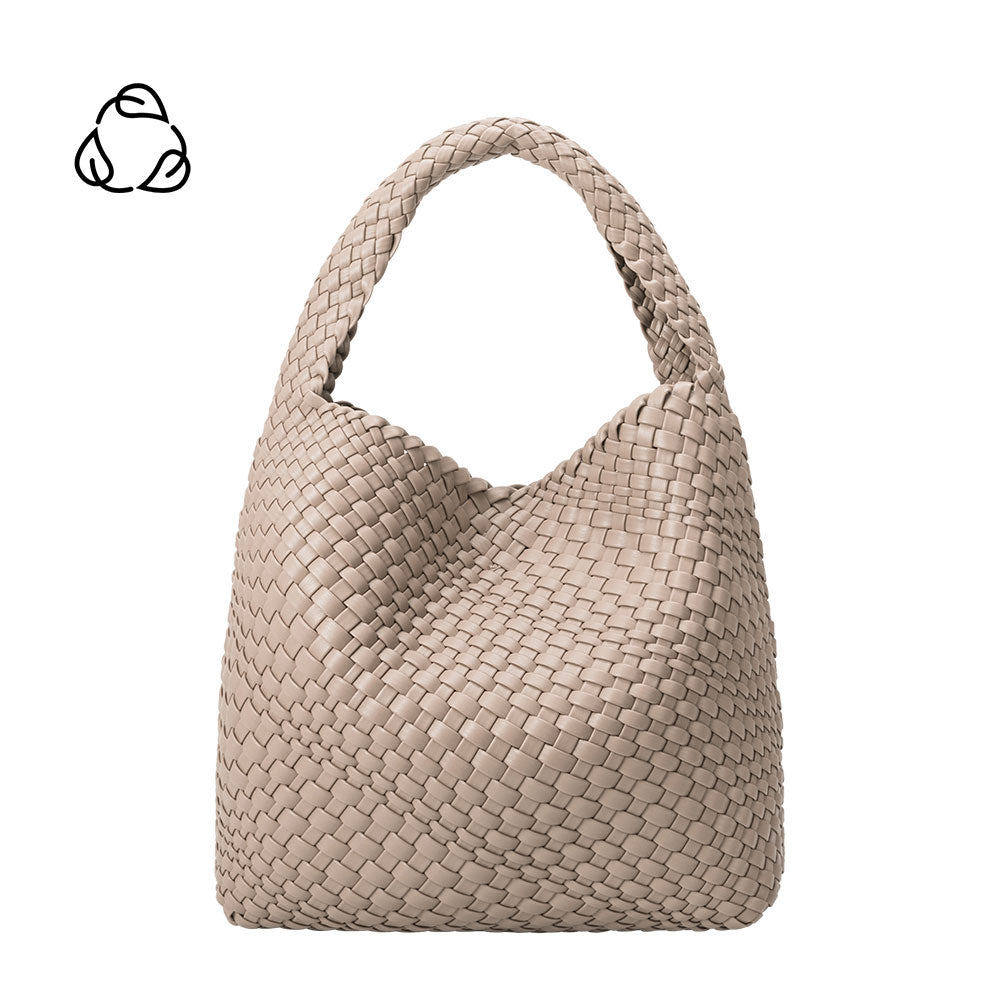 A large taupe woven vegan leather shoulder bag.