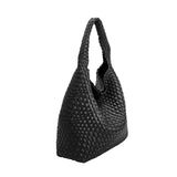 A large black woven vegan leather shoulder bag.
