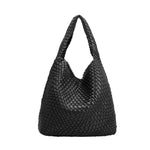 A large black woven vegan leather shoulder bag.