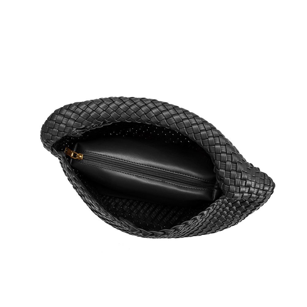 A large black woven vegan leather shoulder bag with a zip pouch inside. 