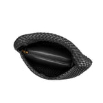 A large black woven vegan leather shoulder bag with a zip pouch inside. 