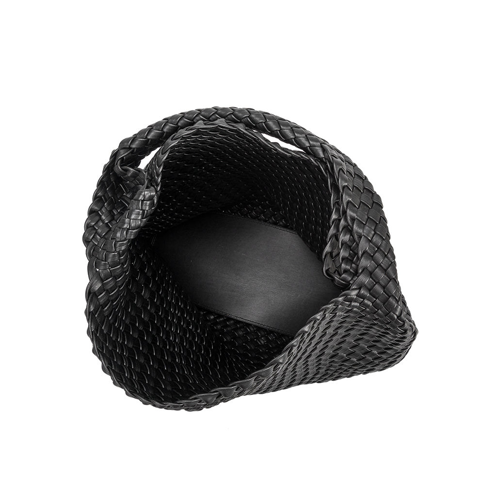 A large black woven vegan leather shoulder bag.