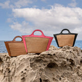 Melie Bianco Recycled Vegan Leather Amalfi Medium Top Handle Bag in Black, Saddle, and Pink