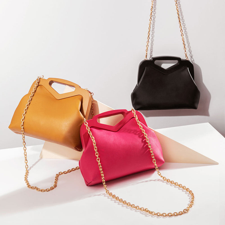 Melie Bianco Luxury Vegan Leather Angie Small Crossbody Bag in Black, Tan, and Fuchsia