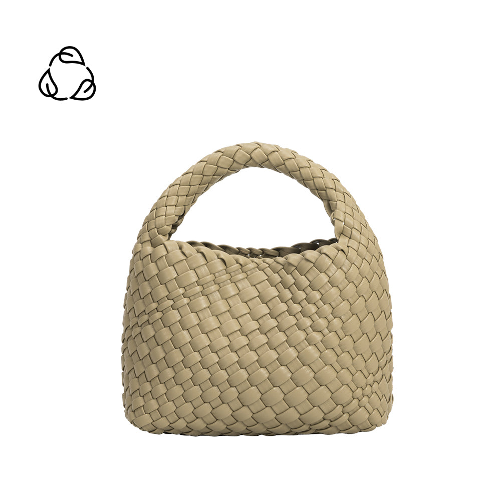 A small moss hand woven vegan leather top handle bag.