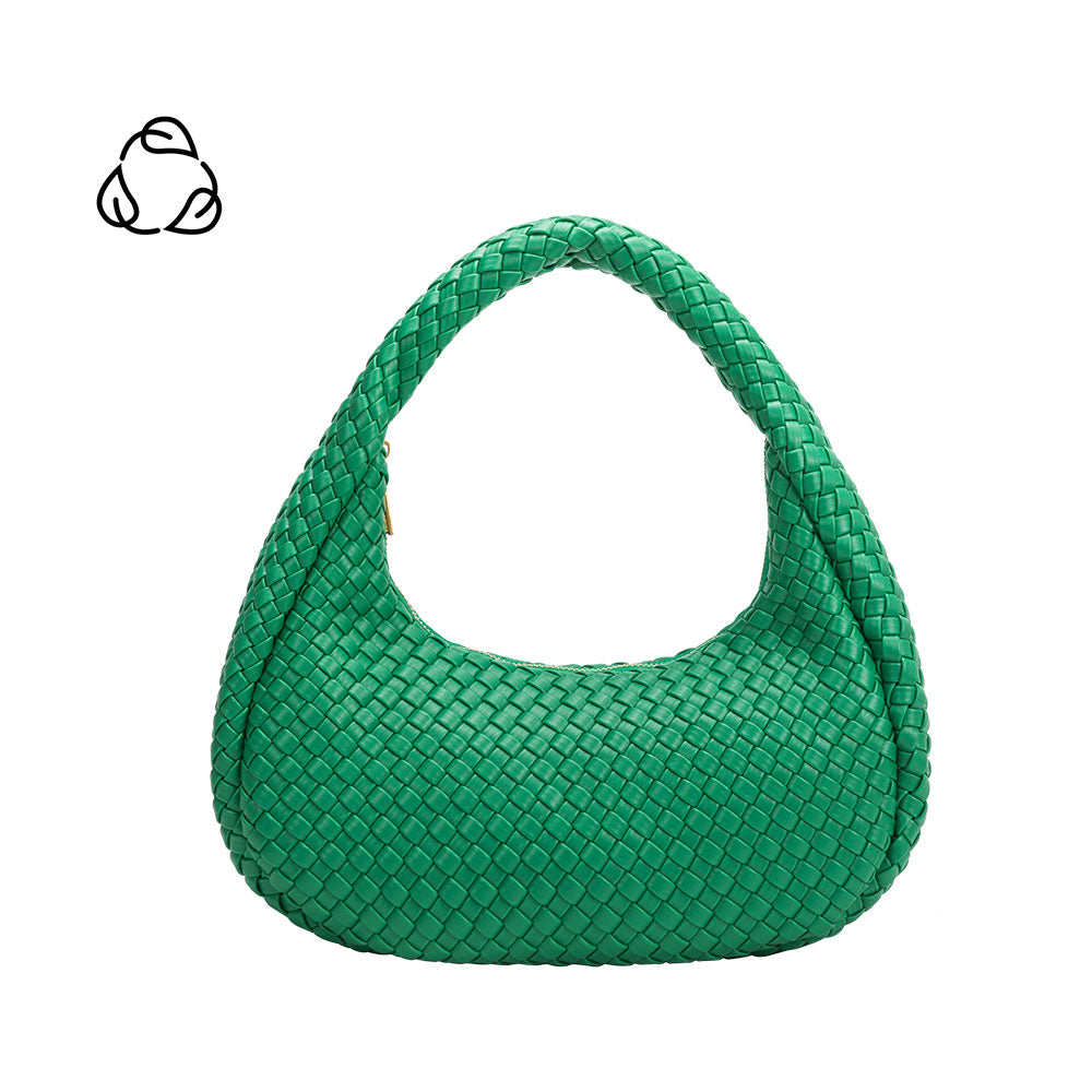 A green curved woven vegan leather shoulder bag.