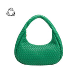 A green curved woven vegan leather shoulder bag.