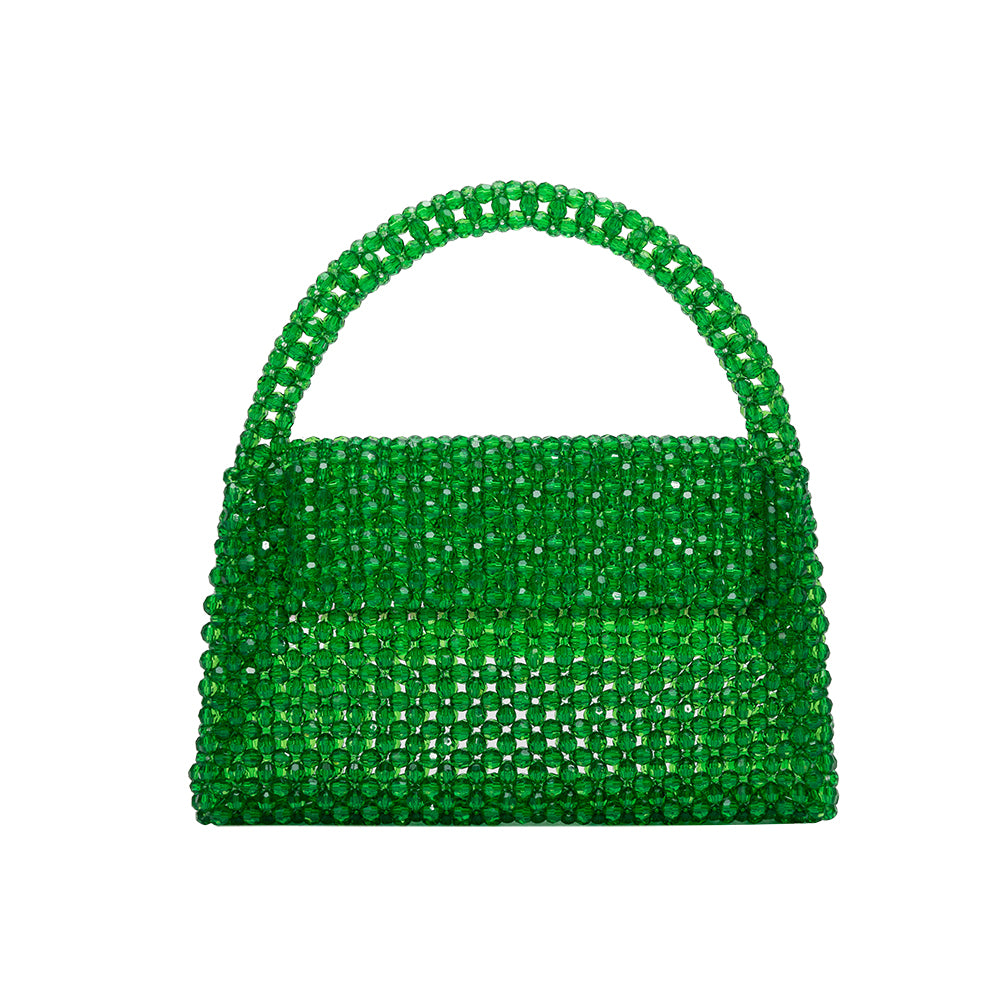 A small emerald crystal beaded top handle bag with a flap closure. 