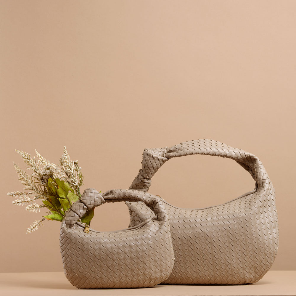 Melie Bianco Luxury Vegan Leather Brigitte & Drew Hobo Shoulder Bag in Taupe