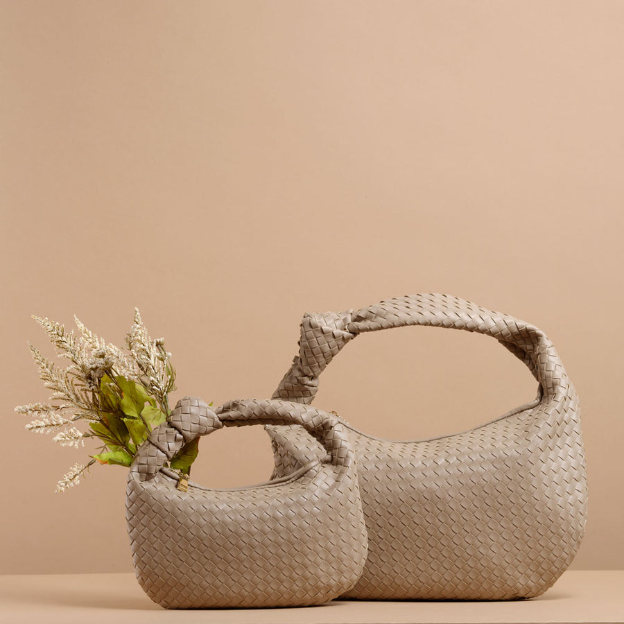 Melie Bianco Luxury Vegan Leather Brigitte & Drew Hobo Shoulder Bag in Taupe