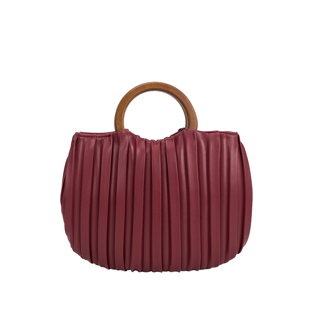 A small burgundy crossbody bag with pleated detail and wooden handle .