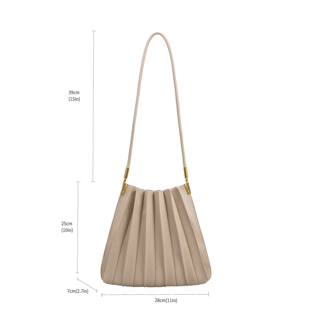Measurement reference photo for a pleated vegan leather shoulder bag. 