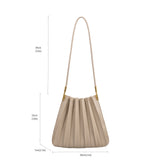 Measurement reference photo for a pleated vegan leather shoulder bag. 