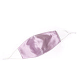 A satin lavender face mask with adjustable strings on each side. 