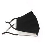 A solid black face mask with adjustable strings on each side. 
