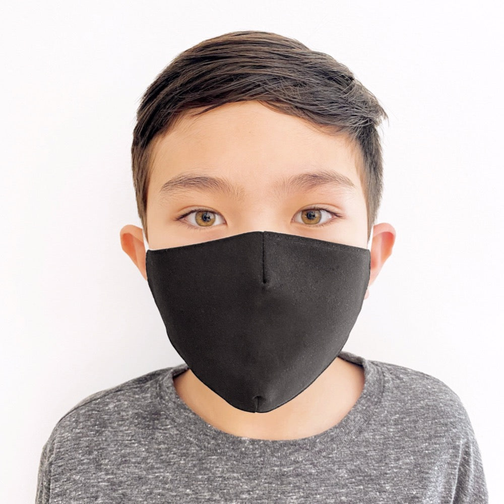 Model wearing a black face mask with adjustable strings on each side. 