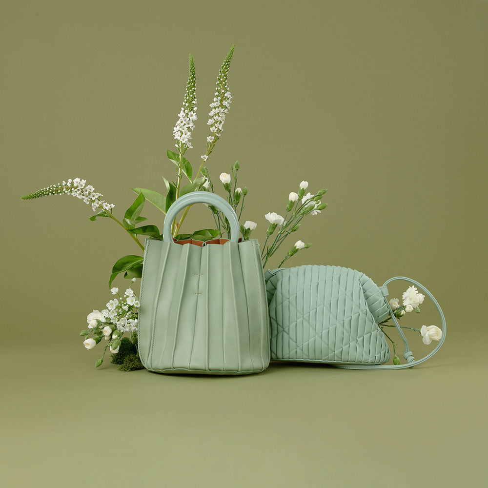 Melie Bianco Recycled Vegan Leather Lily Small Top Handle Bag in Mint and Recycled Vegan Leather Ava Small Crossbody Bag in Mint