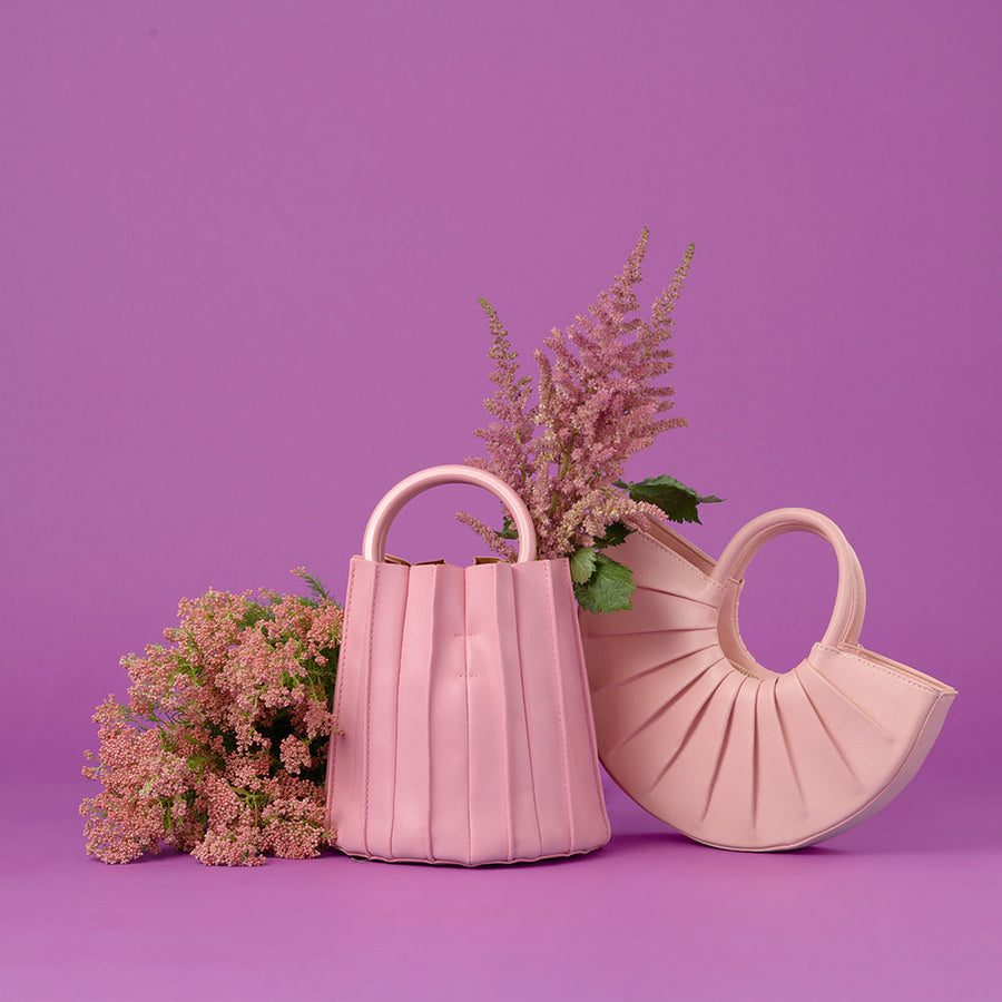 Melie Bianco Luxury Vegan Leather Karlie Small Shoulder Bag in Pink and Recycled Vegan Leather Lily Small Top Handle Bag in Pink
