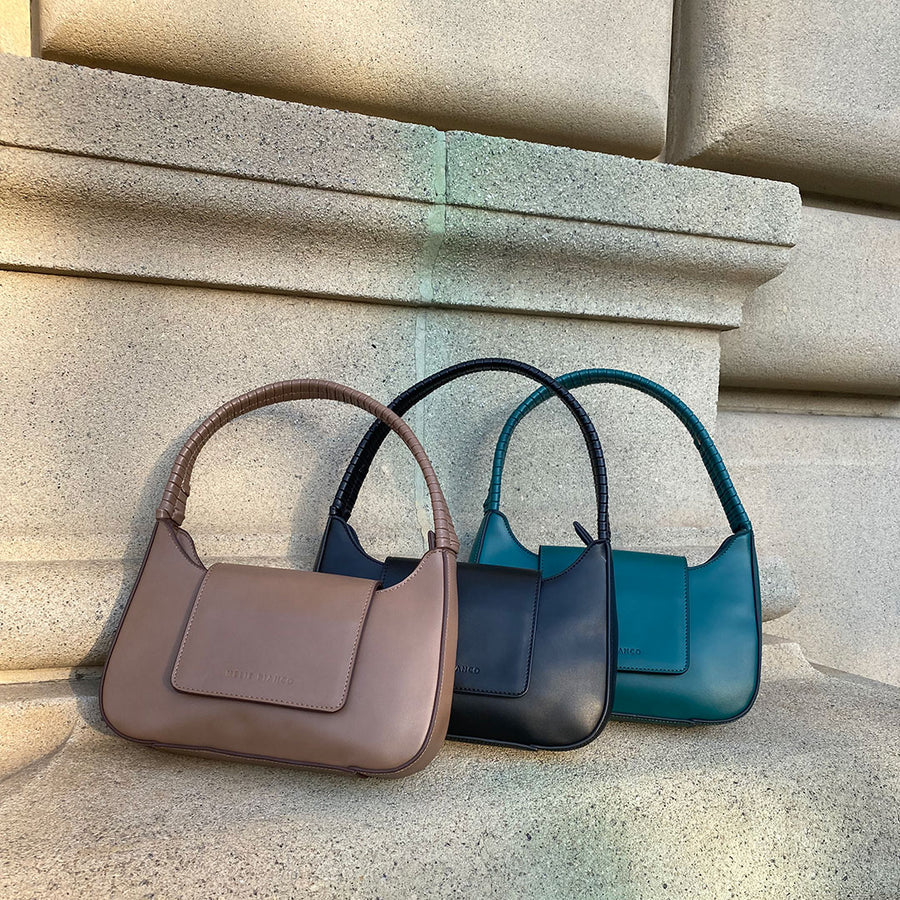 Melie Bianco Luxury Recycled Vegan Leather Monique Shoulder Bag in Taupe, Black, & Jade