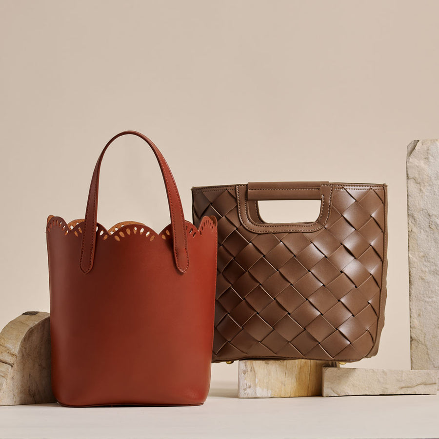 Melie Bianco Luxury Vegan Leather Robbie Crossbody Bag in Taupe and Desi in Saddle
