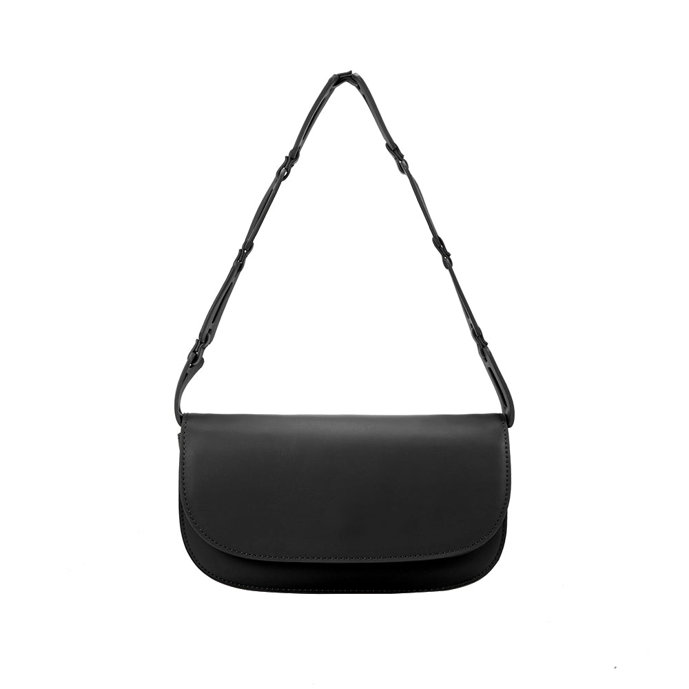 A small black recycled vegan leather shoulder bag with a scallop strap. 